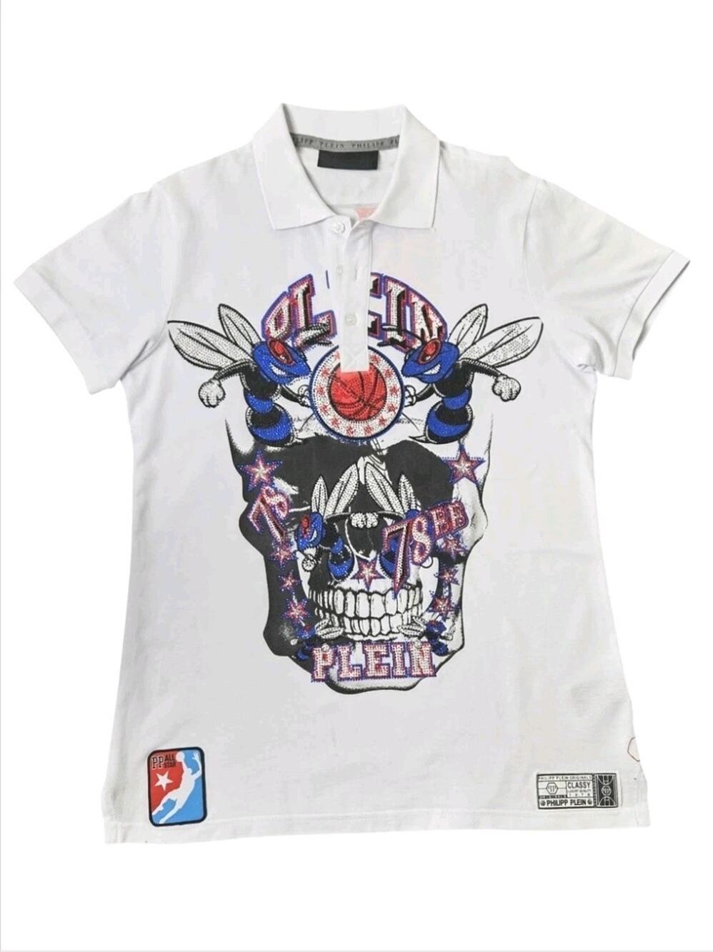 Philipp Plein All Star Basketball Skull Rhinestone Graphic Polo Shirt Luxury XL